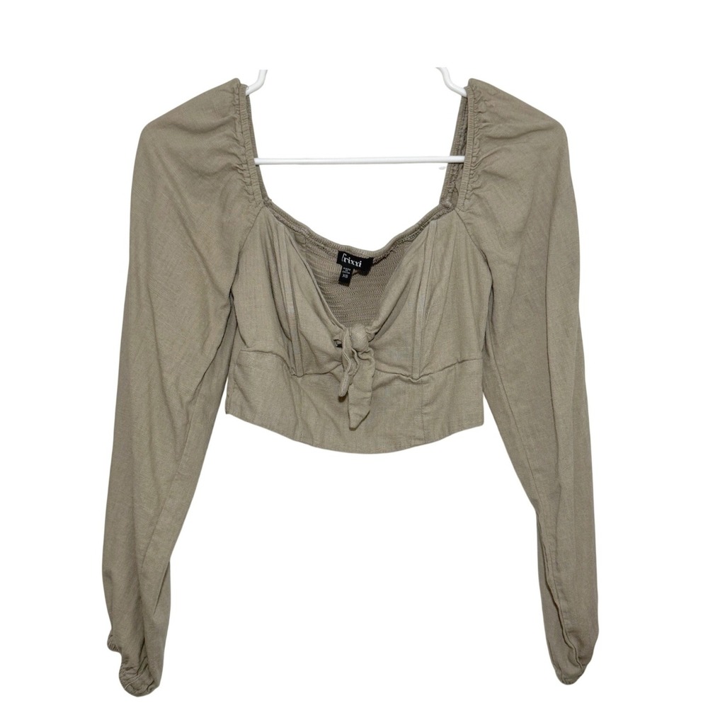 Trixxi Crop Top Beige Linen Blend Tie Front Long Sleeve Womens XS Cottagecore